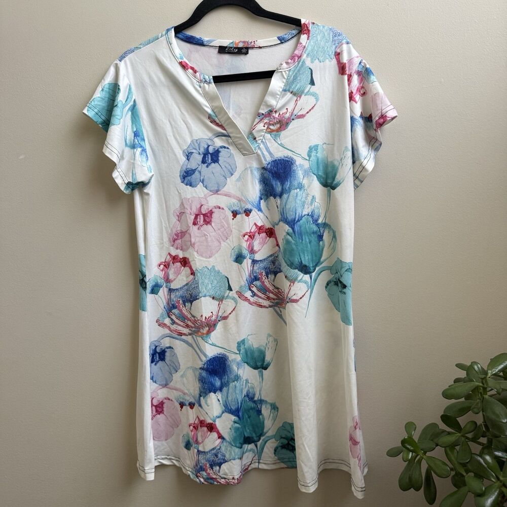 Lily By Firmiana Women’s Size L Floral Print V-neck Short Sleeve Dress